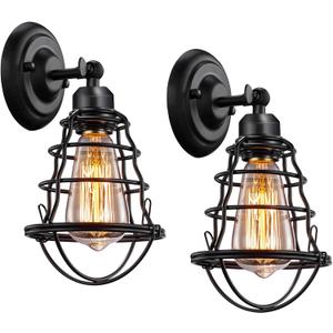 Asnxcju Industrial Wall Sconces Set of Two, Farmhouse Wall Sconce, Vintage Wire Cage Wall Lighting Sconce, Black Wall Lamp Fixture for Bedroom, Headboard, Porch