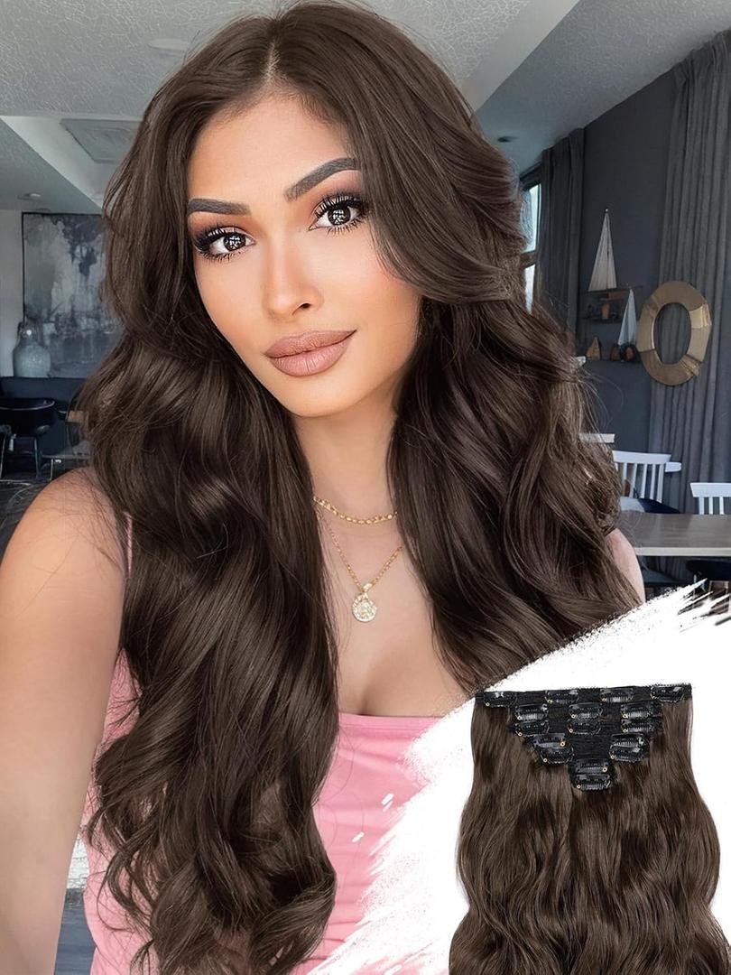 KooKaStyle Clip in Hair Extensions for Women with Thinning Hair7PCS 20 Inch Thick Long Wavy Hair Extensions Clip InsChocolate Brown with Dark Brown Synthetic Hairpiece for Daily Use Voluminous Look
