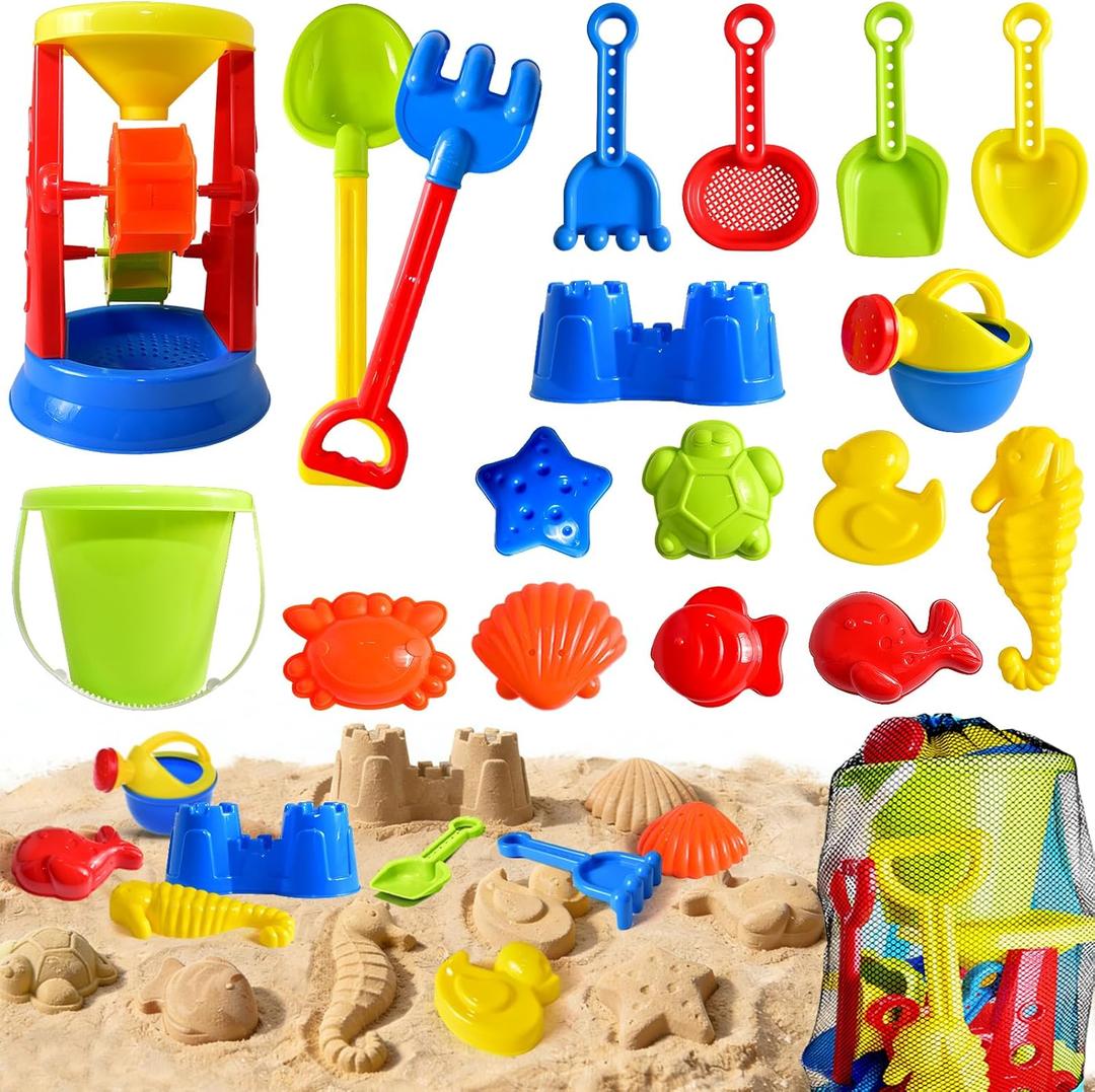 Beach Toys, 19 Piece Sand Toys Set Kids Sandbox Toys Includes Water Wheel Beach Tool Kit for Kids Ages 3-13