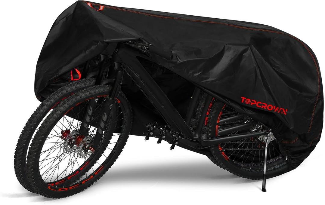 Topcrown Bike Cover Waterproof Outdoor Storage for 2 Bikes, Bicycle Cover Rain Sun UV Dust Wind Proof with Storage Bag for Mountain Road Bike/Ebike (420D Black+Red, XXL Size for 2 bikes)