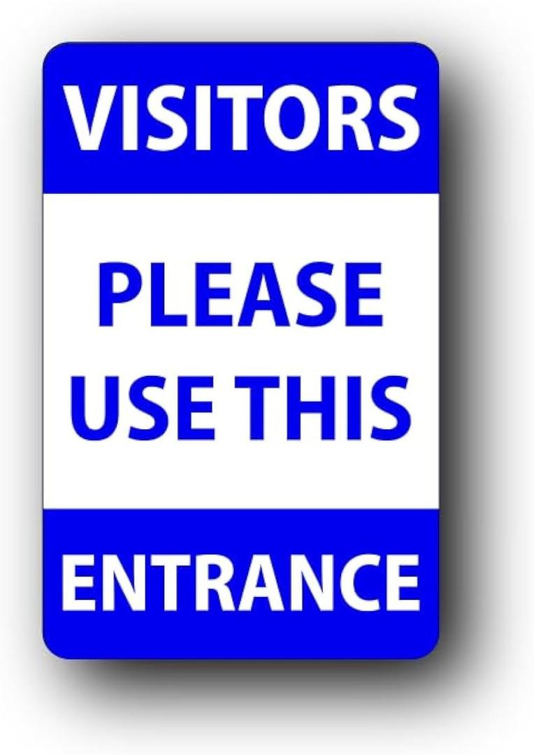 Tough Blue & White "Visitors Please Use This Entrance" Sign - 140mm x 90mm (5.5" x 3.5") with High Strength Self-Adhesive Backing | Weatherproof UV Printed Rigid Plastic for Easy Installation