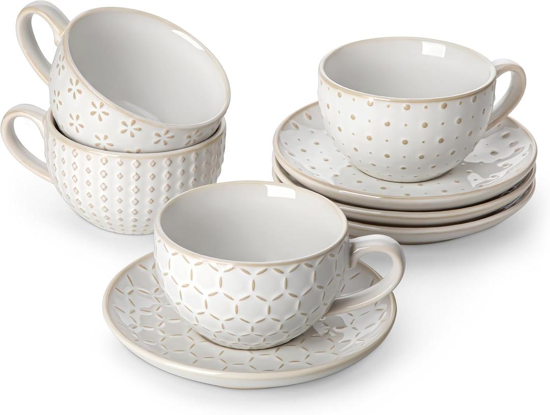 MALACASA 8 OZ Cappuccino Cups with Saucers Set of 4 - Ceramic Stackable Tea Cups and Saucers, Embossment Coffee Mugs for Tea, Latte and Mocha, Dishwasher Safe, Arctic white, LYDIA Series