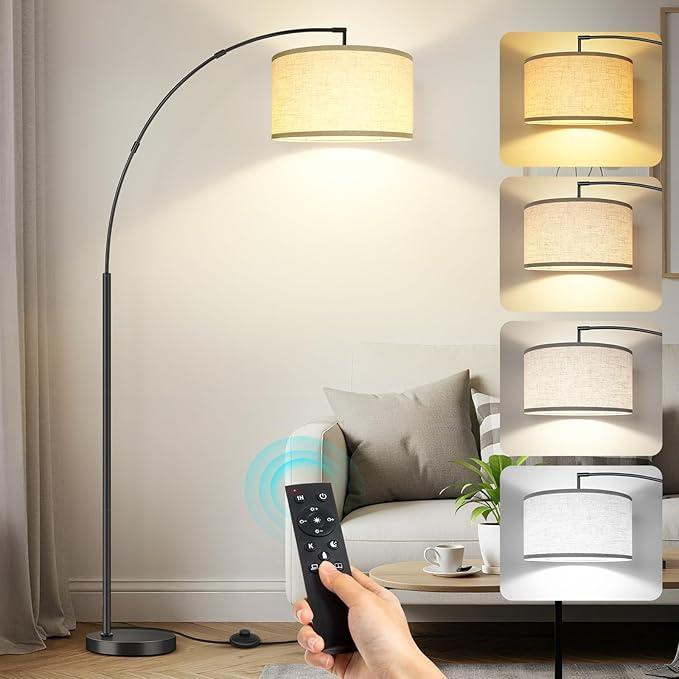 OUTON 81" Arc Floor Lamp, 12W 1080LM LED Dimmable Floor Lamp with 16" Beige Lampshade, Remote Control & Foot Switch, 4 Color Temperatures, Tall Standing Lamp for Living Room Bedroom Office, Black