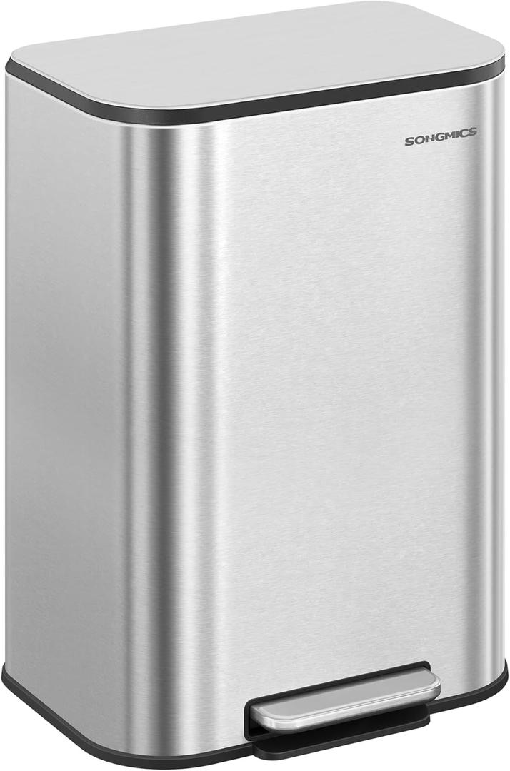 SONGMICS Kitchen Trash Can, 13-Gallon (50 L) Garbage Can with Lid, Stainless Steel, Soft Close and Stays Open, Inner Bucket, Wide Non-Slip Pedal, Metallic Silver ULTB547E01