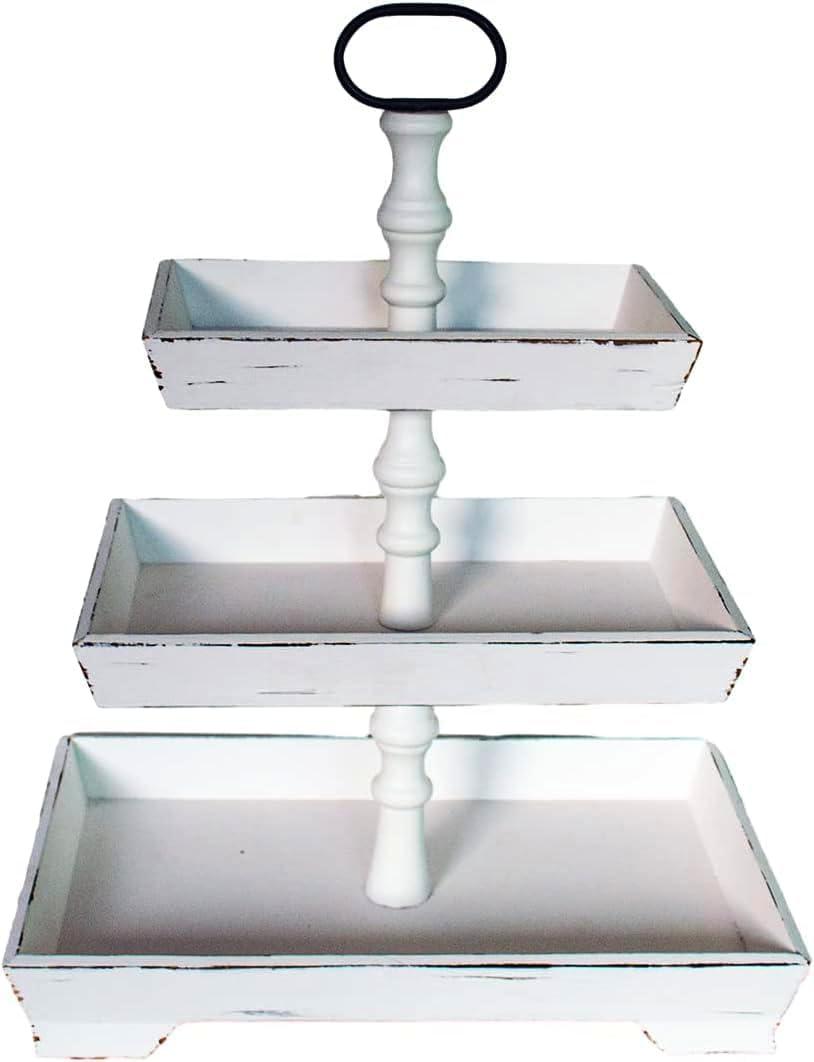 Large Rectangle Tiered Tray Stand 3 Tier Serving Tray Rustic Farmhouse Kitchen Decor with Metal Handle and Distressed Tiered Tray Stand Tiered Dessert Stand Cake Stand (White)