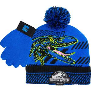 Jurassic Park Winter Hat and Snow Gloves for Boys and Toddlers, 2 Pc. Set, Pom-Pom Beanie with Blue Velociraptor (5-13 Years)