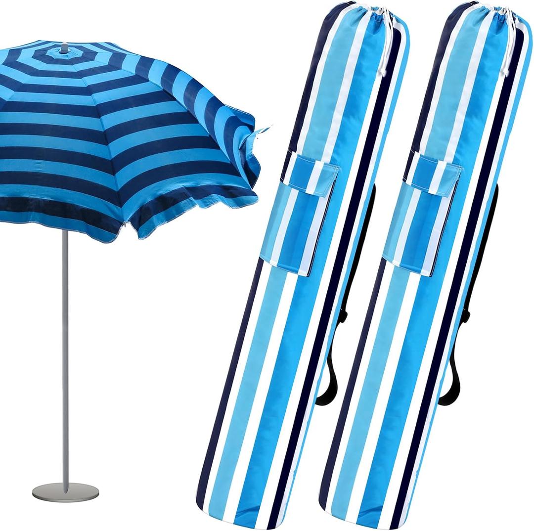Teenyyou 2 Pcs Beach Umbrella Storage Bag Foldable Waterproof Beach Bag for Umbrellas with Wide Padded Shoulder Strap & Molded Carry Handle Summer Stripe Patio Storage Carrying Covers(Blue)