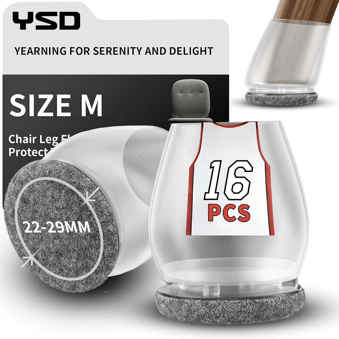 YSD 16PCS Chair Leg Floor Protectors, 1 inch Small Transparent Chair Leg Caps for Tilt Chair Legs, Hardwood Floor Protectors for Furniture Legs with Felt Pads Sliders,No Scratches No Noise (22-26mm32PCS)