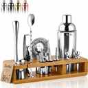 Barillio Bartender Kit - Stainless-Steel Cocktail Shaker Set w/Bamboo Stand - Mixology Bar Tools w/Drink Shaker, Mixer Spoon & Muddler for Cocktails - Home Bar Accessories - 23-Pc Bar Set - Silver