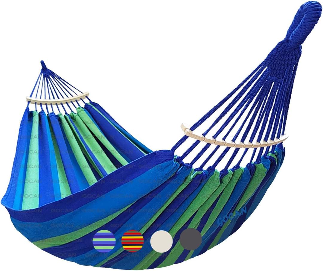 Double Hammock 2 Person Extra Large 220x160cm Total Length 330cm Load 500lb Canvas Cotton Hammock for Patio Porch Garden Backyard Lounging Outdoor and Indoor with Removable Spreader bar (Blue Stripe)
