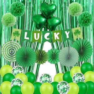 37 Pcs St Patricks Day Decorations Set - Shamrock Lucky Banner Foil Fringe Backdrop Green Balloons Paper Fan Tissue Pom Poms Irish Decor for Home Saint Patrick Party Supplies