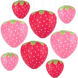 Strawberry Paper Lanterns, 8" & 12" Large Strawberry Hanging Lantern, Strawberry Hanging Decorations for Fruit Theme Birthday Party Decor(8 Pcs, Red&Pink) (Mix)