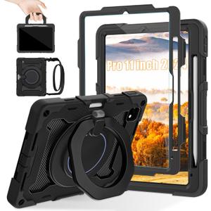 ROISKIN for iPad Pro 11 inch Case (M5/M4 (2025/2024)), Pro 11'' 6th/5th Gen -with HD Screen Protector, 360 Kickstand/Handle, Shoulder Strap, Pen Holder, Heavy Duty Military Grade - Kids Friendly (Black)