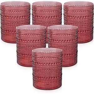 Joyido 18PCS Plastic Hobnail Drinking Glasses - 14 Oz Burgundy Vintage Glasses Drinkware - Disposable Beaded Cups for Beer, Whiskey, Juice, Cocktail, Wine, Party (3.93 inch*3.14 inch)