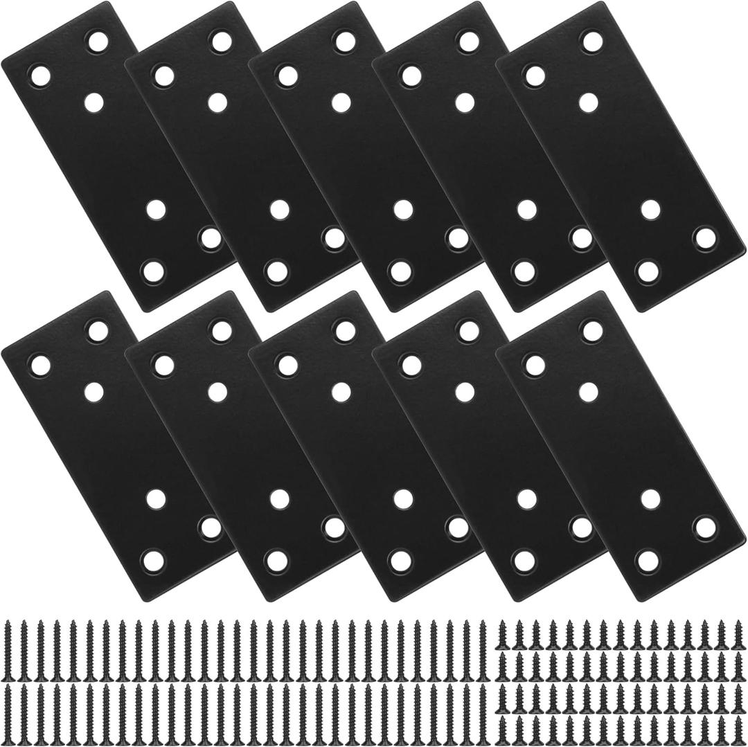 Mending Plate, Black Metal Flat Straight Brace Bracket, Double-Wide Metal Plate, Joining Plate for Wood Furniture Fence Fastening with Screws in 2 Different Lengths (30x70mm, 10 Pack)