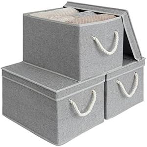 StorageWorks 32L Storage Bins with Lids, Decorative Boxes with Soft Rope Handles, Gray, Jumbo, 3-Pack