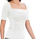 Amoretu Women's 2025 Ruched 1/2 Sleeve T-Shirts Square Neck Fitted Going Out Tops (White, L)