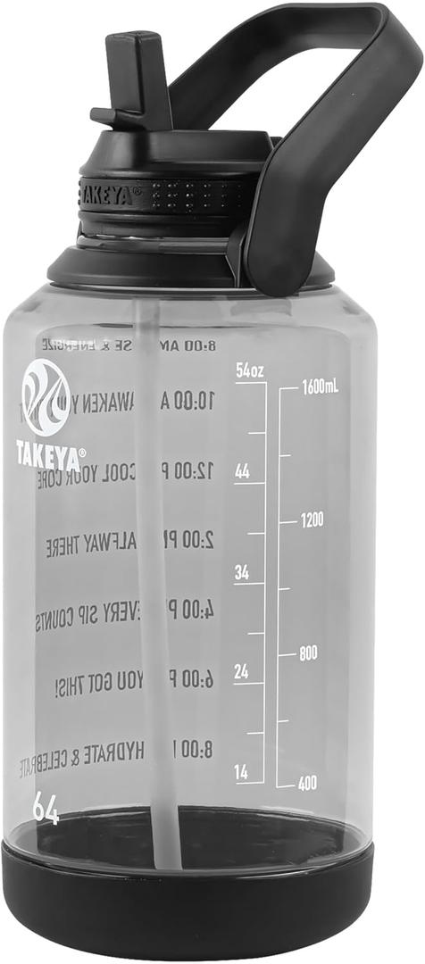 Takeya Tritan Motivational Water Bottle with Flip Straw Lid - Durable, BPA-Free - With Time Marker - Leakproof & Bumper - 64 oz, Stormy Black