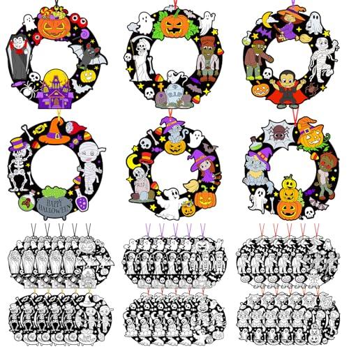 Epakh 30 Pcs Halloween Craft Kit Color Your Own Wreath Crafts DIY Coloring Paper Arts Kits for Home Halloween Party Activity Decors Supplies