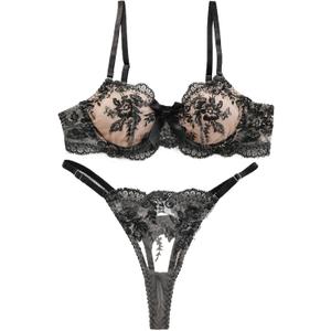 Sexy Floral Embroidered Flower Mesh Underwire Push Up Lingerie Set (Bow Black B) X-Large