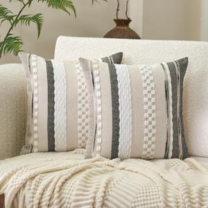 Aeckself Boho Throw Pillow Covers 18x18 Inch Set of 2, Farmhouse Decorative Striped Square Pillow Covers Chenille Tufted Pillow Cases Accent Neutral Pillowcase for Living Room Couch Bed, Gray