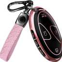 Lucrum Compatible with Hyundai Key Fob Cover & Leather Keychain, Keyfob Case for Santa Fe, Sonata, Tucson, Grandeur, Ioniq 6, KONA, Elantra - For 7 Button Remote (2022-2025) - Pink and Black