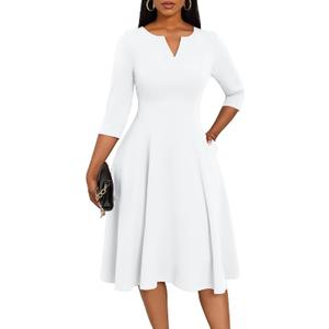 Nmoder Midi Dresses for Women A-Line Fit and Flare Dress 3/4 Sleeve V Neck Cocktail Wedding Guest Work Dress with Pockets (White, XL)