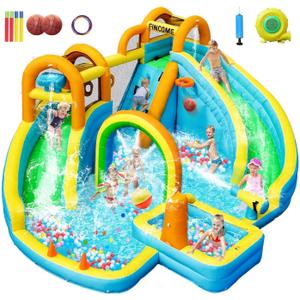 Inflatable Water Slide, Bounce House with 2 Slide for Kids, Inflatable Waterslide Park with Splash Pool, Basketball Hoop, Ball Shooting & Water Cannon for Backyard, Outdoor, Indoor