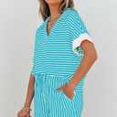 KevaMolly Womens Lounge Sets V Neck Tee and Casual Short Set Casual Pocket Decoration Two Piece Sets (Blue, M)