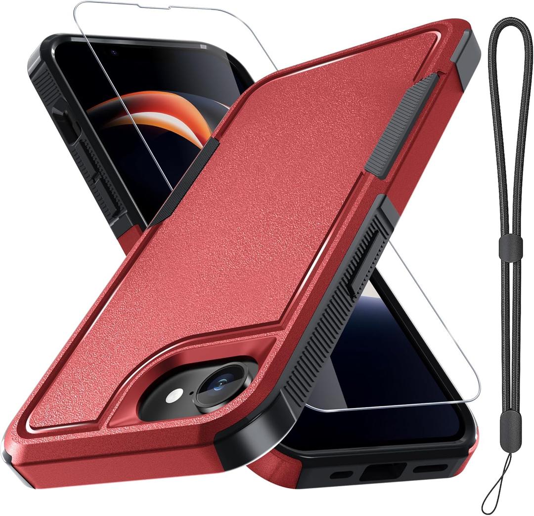 RMOCR for iPhone 16e Case & iPhone 17e Case, with Screen Protector,Military Grade Heavy Duty Shockproof Phone Cover with Wrist Lanyard Strap for iPhone 16e & iPhone 17e,Red