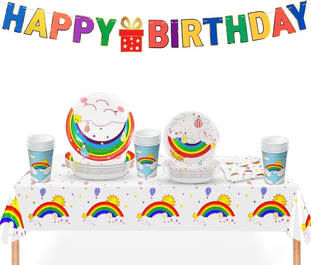 KatchOn, Rainbow Birthday Decorations - Huge Pack of 116, Serve 25 | Plates, Cups, Napkins and Banner for Rainbow Birthday Party Decorations | Bday Party Supplies, Colorful Bday Decoration
