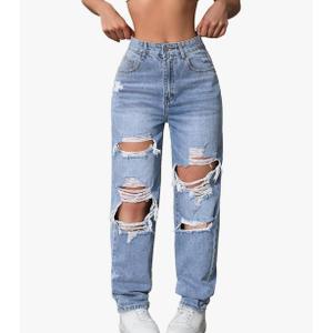 Women's High Waisted Distressed Jeans Straight Leg Casual Ripped Denim Pants, XL