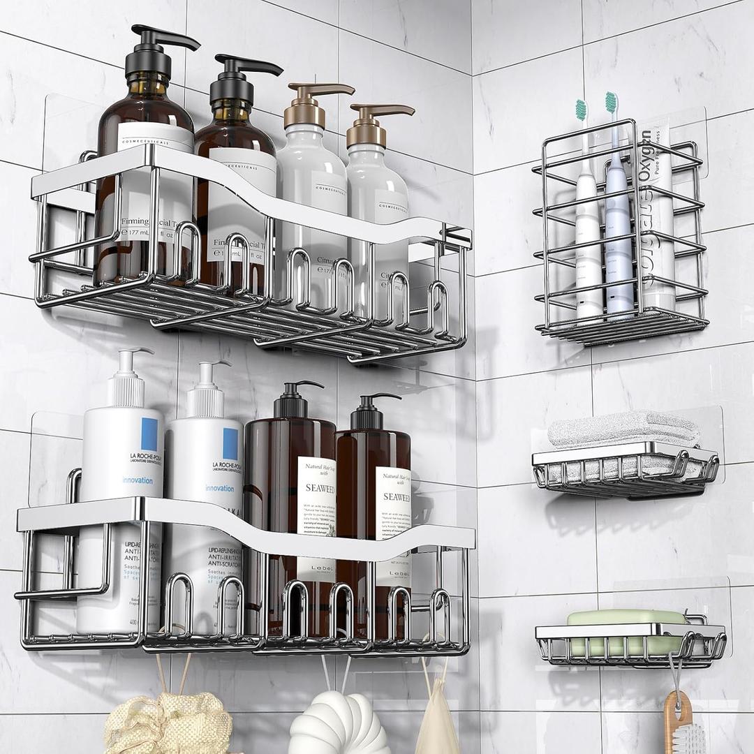 EUDELE 5-Pack Rustproof Stainless Steel Shower Caddy No Drill Adhesive Bathroom Organizer with Large Capacity, Spacious Shower Shelves for Inside Shower, Kitchen & Home Decor Storage-XL Size