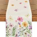 Artoid Mode Flowers Butterfly Summer Table Runner, Seasonal Spring Kitchen Dining Table Decoration for Home Party Decor 13x90 Inch (Beige)
