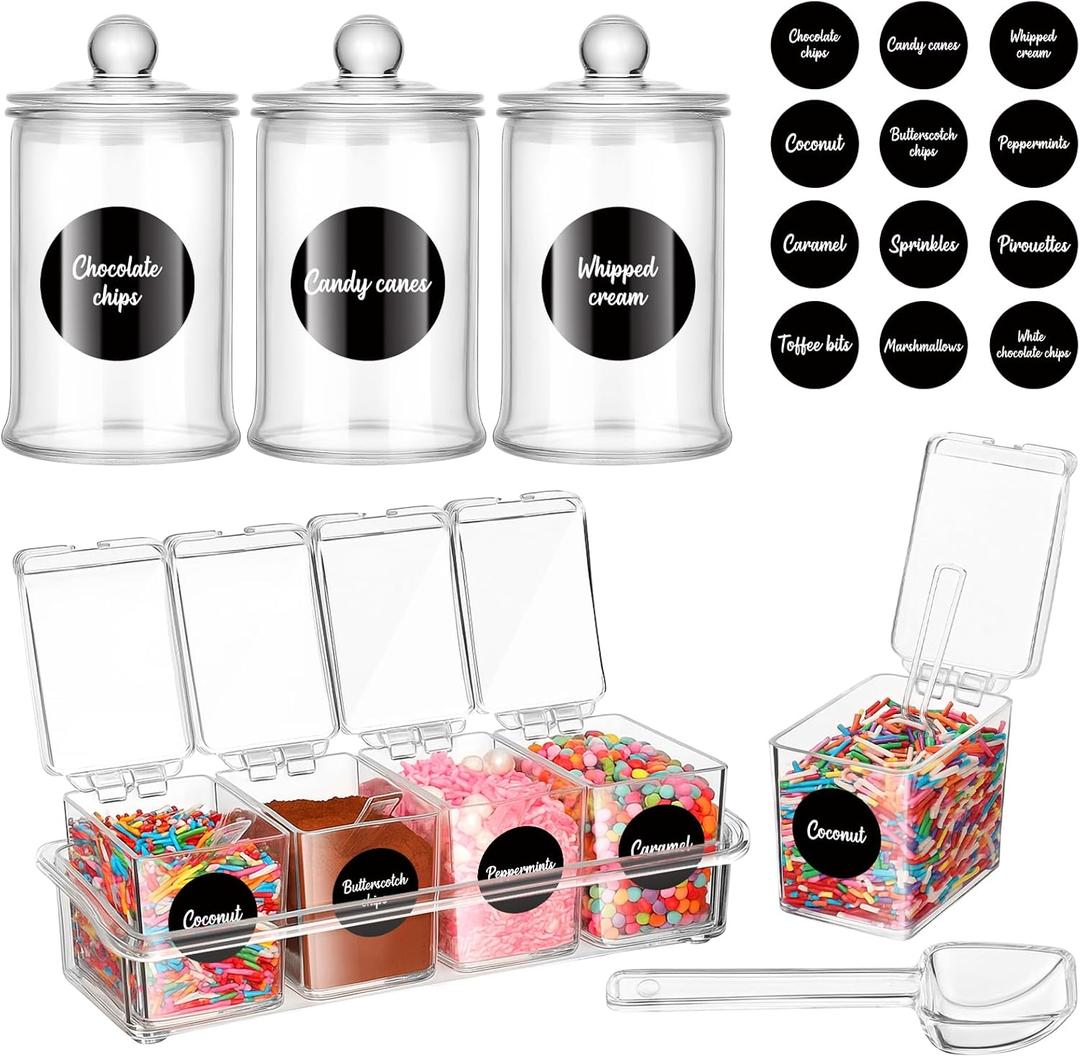 Yookeer 7 Sets Christmas Hot Chocolate Bar Hot Cocoa Bar Supplies 25 oz Glass Mason Jars Acrylic Storage Container Box with Lids Spoons Label Stickers for DIY Chocolate Decorative Bottles Accessories