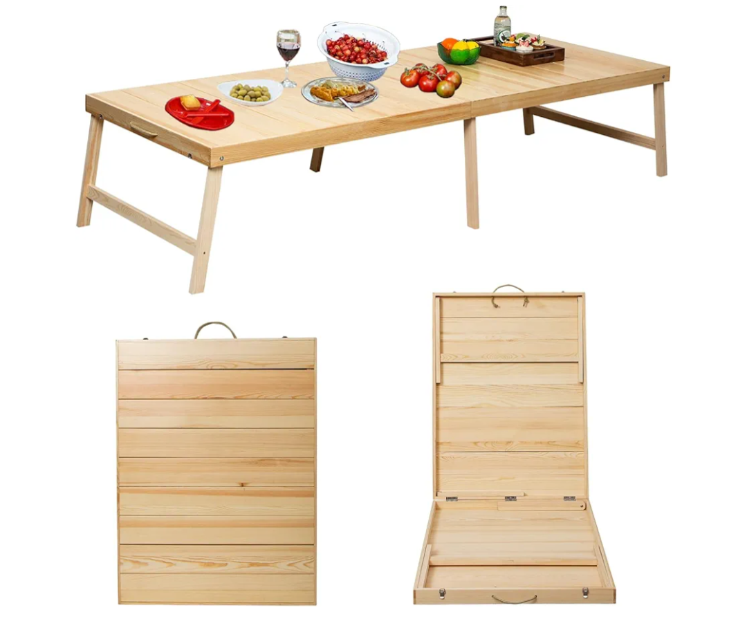 Foldable Boho Wooden Picnic Table, No Assembly Required Portable Outdoor Indoor Low Picnic Table for Floor Seating, Beach, Camping, BBQ, Backyard, 78" x 30", Seats 8–10 People