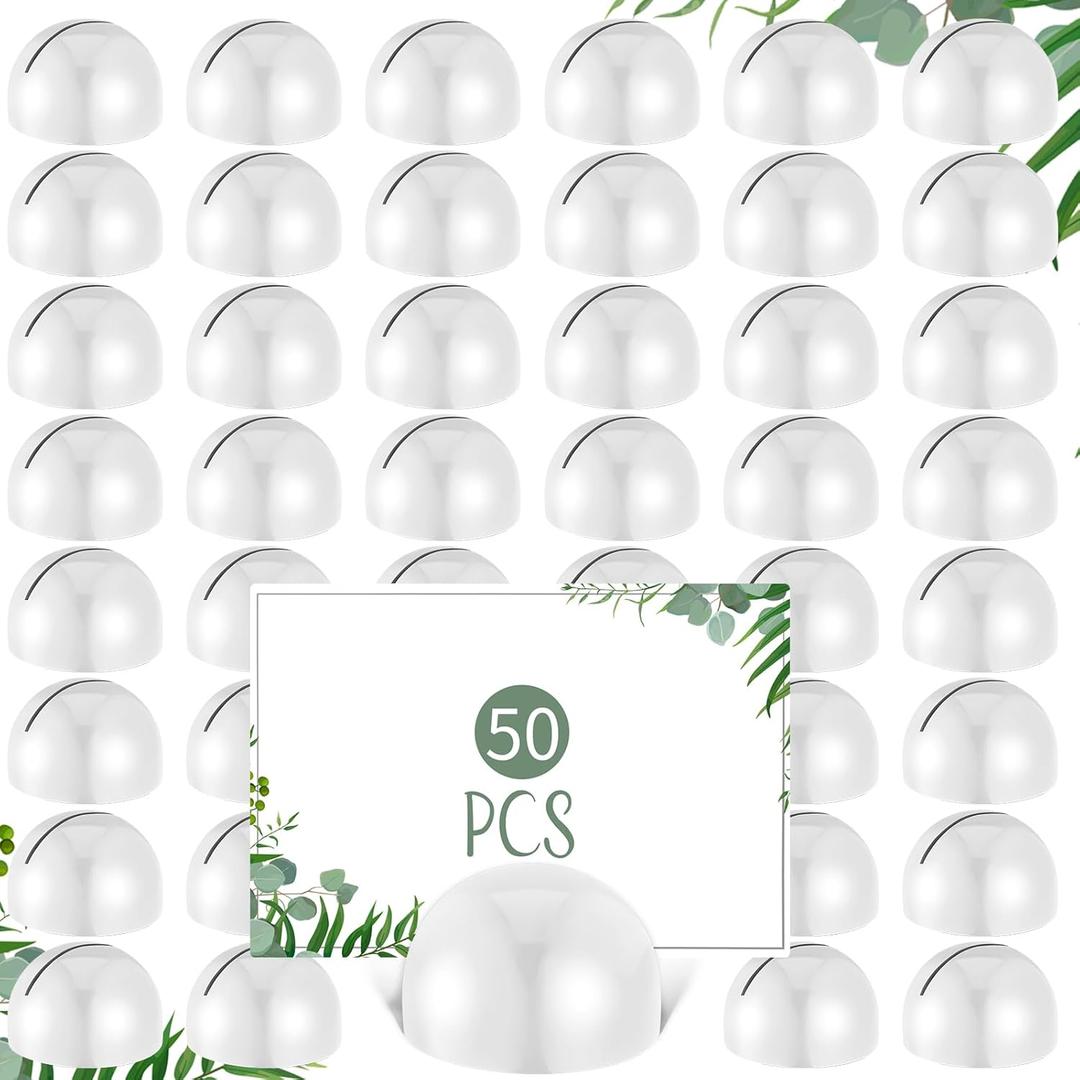 Geyoga 50 Pcs Table Number Holder Round Place Card Holders Wedding Table Number Stands Modern Place Card Stands Setting Clips for Funeral Wedding Reception Anniversary Birthday Party Banquet(White)