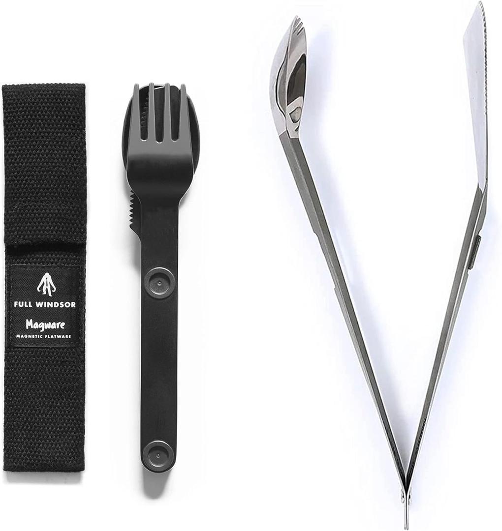Full Windsor MAGWARE Magnetic Camping Utensil Set and THE SPLITTER Titanium Tongs, Spork and Spatula Bundle, Camping Accessories & Cooking Utensils, Portable & Durable Backpacking Travel Cutlery Set