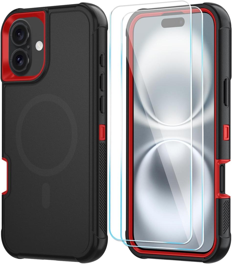SunStory Magnetic for iPhone 16 Case with HD Screen Protector, Compatible with MagSafe, 3-Layer Heavy Duty Full-Body Cover, 3 in 1 Hybrid Protective Case for iPhone 16 6.1",BlackRed