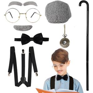 Fraiieon Kids 1920s Old Man Gentleman Costume Set  100th Day of School Accessories with Beret, Glasses, Eyebrows, Cane, Suspenders, and Watch