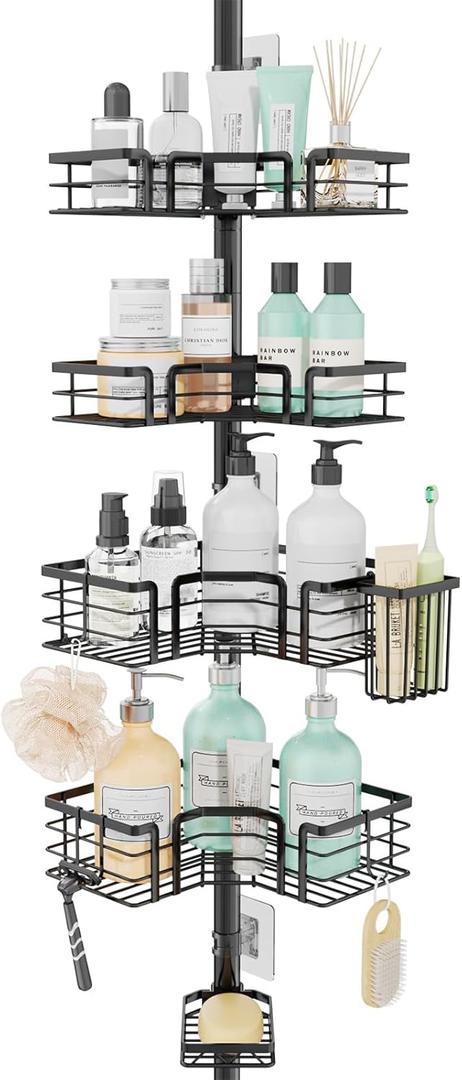 SWTYMIKI Shower Caddy Tension Pole - 4-Tier Corner Shower Organizer Tension Rod with Soap Holder, Toothbrush Holder & 4 Hooks, Adjustable Stainless Steel Bathroom Organizer 27.6 to 108.3 inch, Black