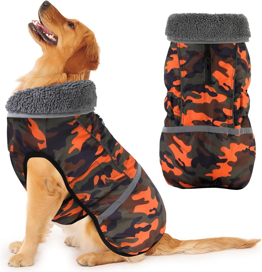Dogcheer Warm Dog Coat, Waterproof Dog Jacket Christmas Puppy Winter Coat with Buckle, Reflective Adjustable Pet Snow Jacket Turtleneck Fleece Sweater for Large Dogs - Orange Camo, 4XL