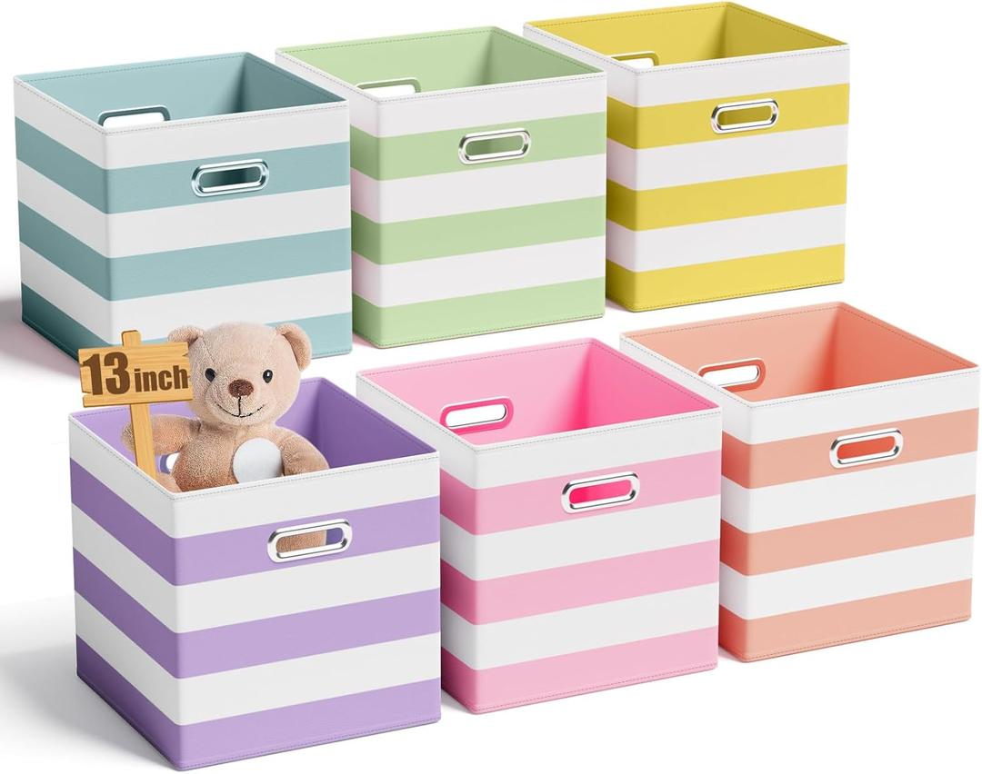 6 Pcs 13 Inch Fabric Storage Cubes with Metal Handle Back to School Classroom Supplies Macaron Colored Striped Style Collapsible Bins Organizer for School Nursery Shelves Clothes Gift