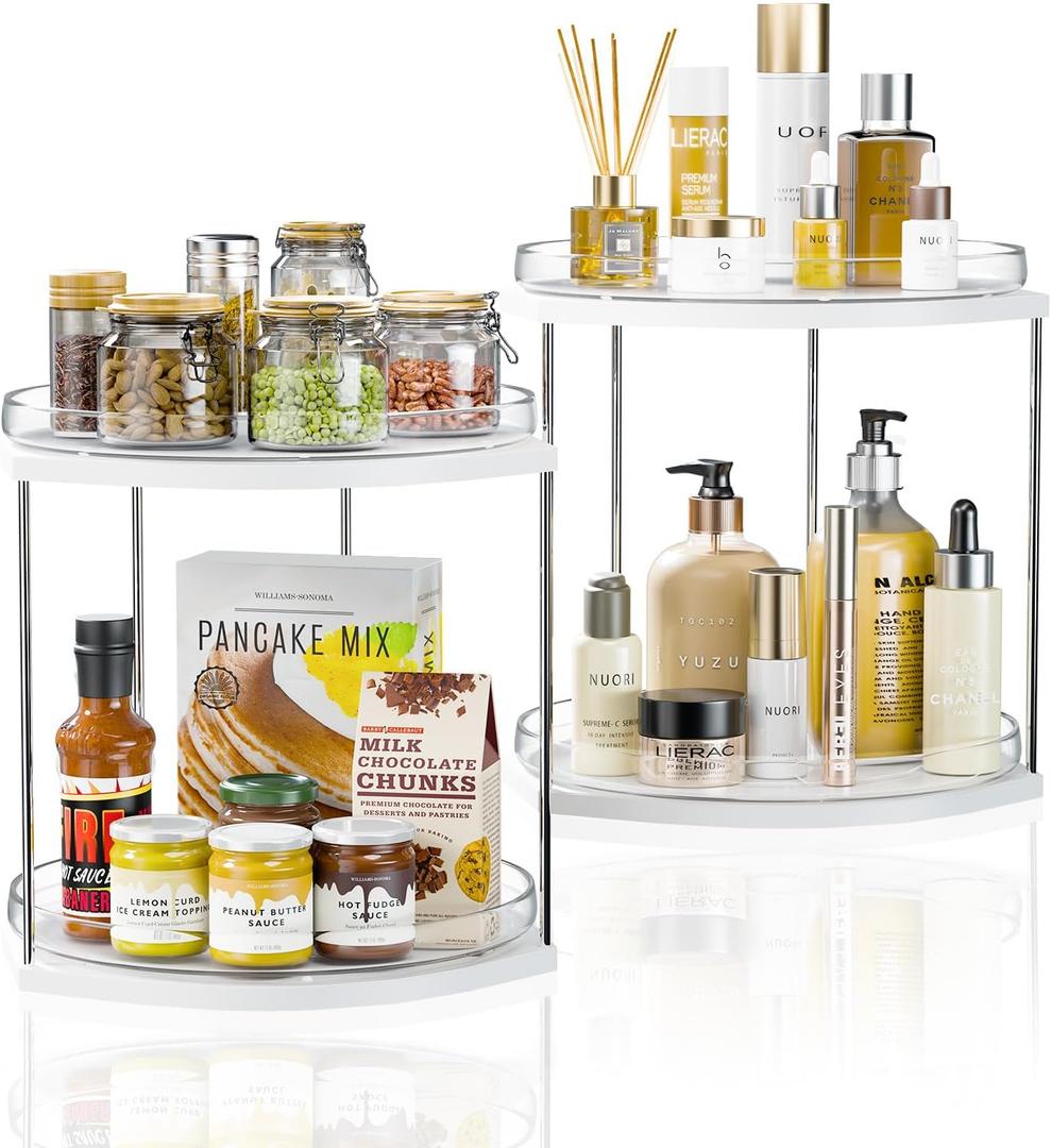2 Pack 2 Tier Lazy Susan Turntable Organizer  9.05 Rotating Spice Rack Organizer for Cabinet, Pantry, Tabletop & Counter  Clear Acrylic Lazy Susan for Kitchen, Bathroom & Vanity (Large, White)