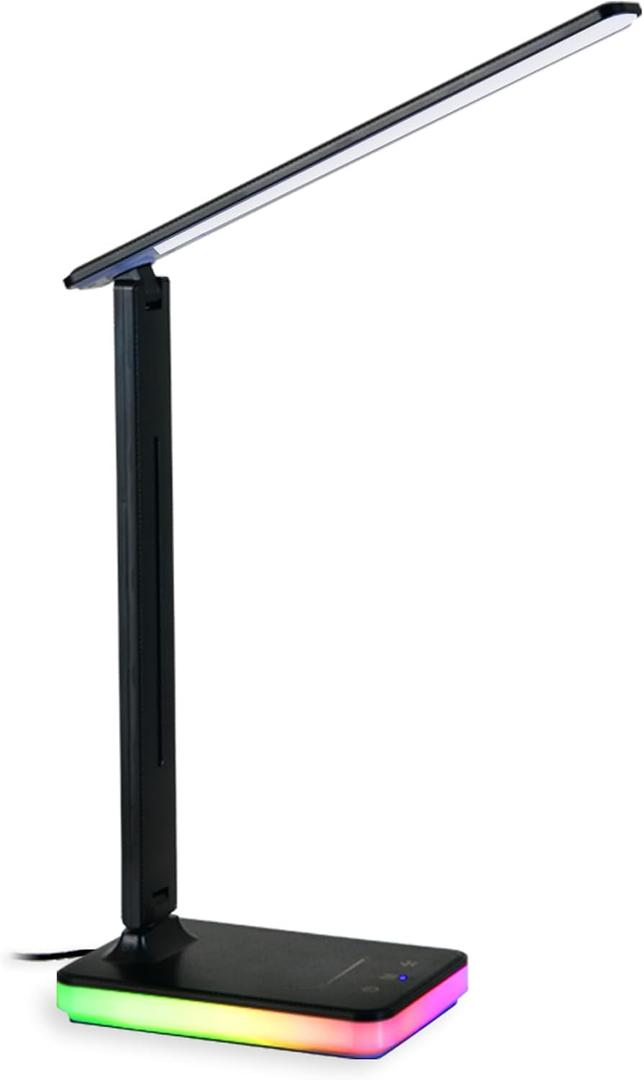 LED Desk Lamp with RGB Atmosphere Light, 5W USB Output, 5 Color Temp, Slide Steplessly Adjust Brightness, Touch Control, Foldable Table Light with Adapter (Black)