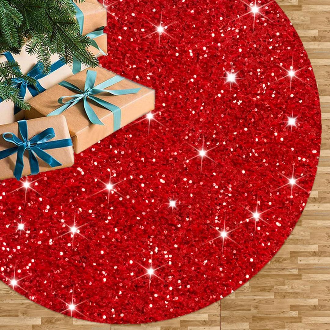FUHSY Christmas Fall Tree Skirt 21 Inch Diameter Red Velvet Fabric Soft Metallic Tree Cover Mat Glitter Embroidered and Sequined Tree Skirts for Christmas Tree Decorations and Ornaments