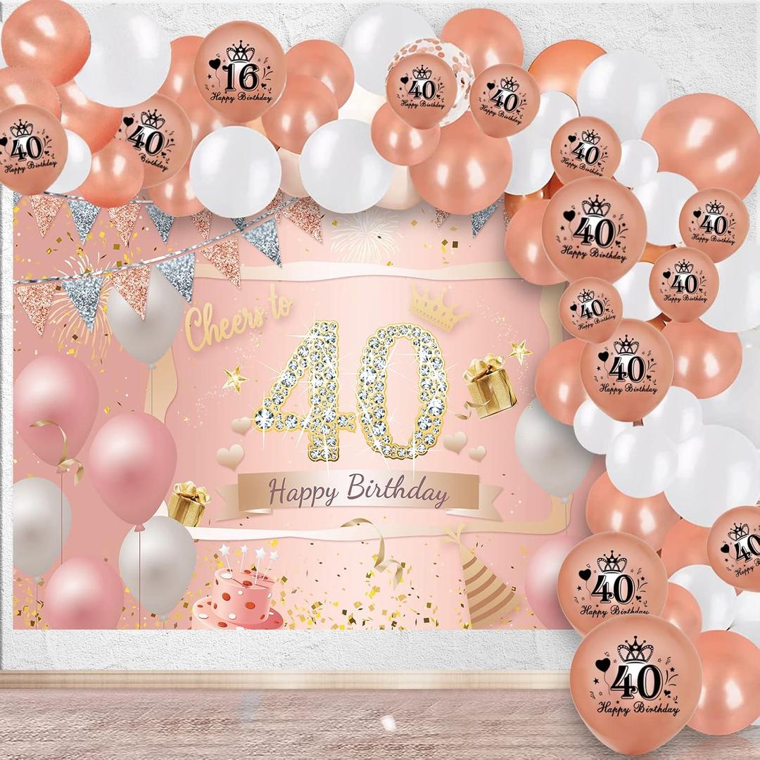 40th Birthday Decorations Women, Including Pink Rose Gold 40th Birthday Banner Backdrop Decor and 70 Pieces Rose Gold Balloon Arch Garland Kit for 40th Birthday