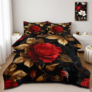 CCoutueChen Floral Comforter Set Queen Black Red Botanical Flower Bedding Set Modern Aesthetic Bedding Sets Soft Lightweight Microfiber Comforter Sets for All Season