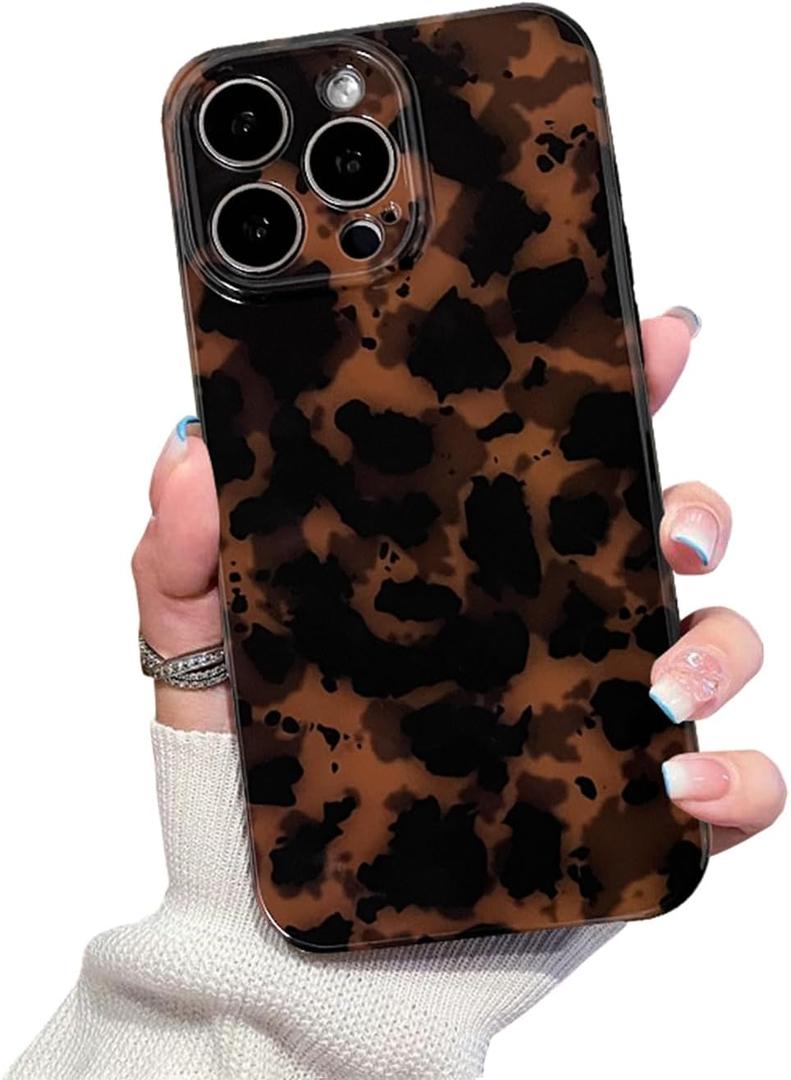 Cute Phone Case for iPhone 15 Pro Max Case Amber Leopard Full Camera Protective Slim Shockproof Aesthetic Phone Case-Brown Leopard