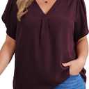 Women's Plus Size Casual Blouses Solid Business Work Tops Petal Short Sleeve V Neck Loose Fit T Shirt Summer Trendy 2026 Fuchsia